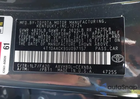 2025 Toyota Camry Le из США, поврежденный, VIN 4T1DAACK9SU097157